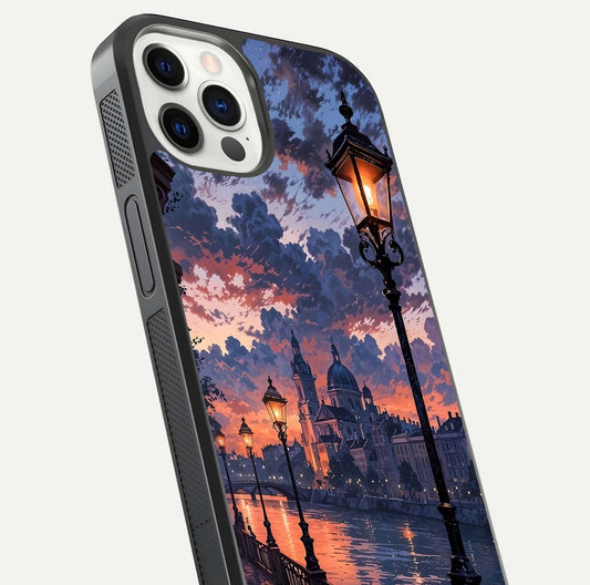 Twilight River Lights Glass Case for iPhone 12 Pro close-up angled shot highlighting river reflections and color tones