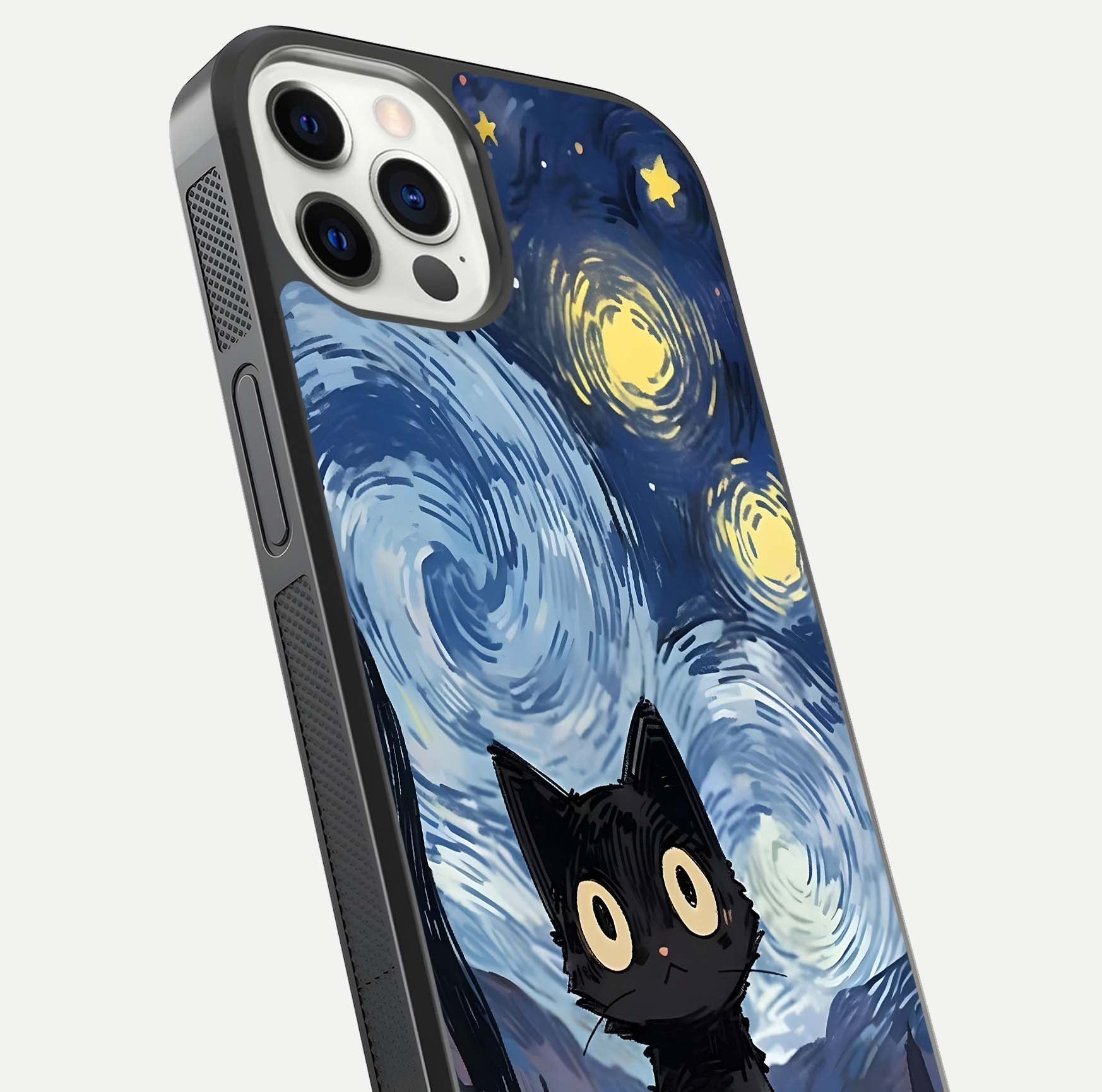 Van Gogh Cat Glass Case for iPhone 12 Pro close-up angled shot highlighting brushstroke texture and reflection