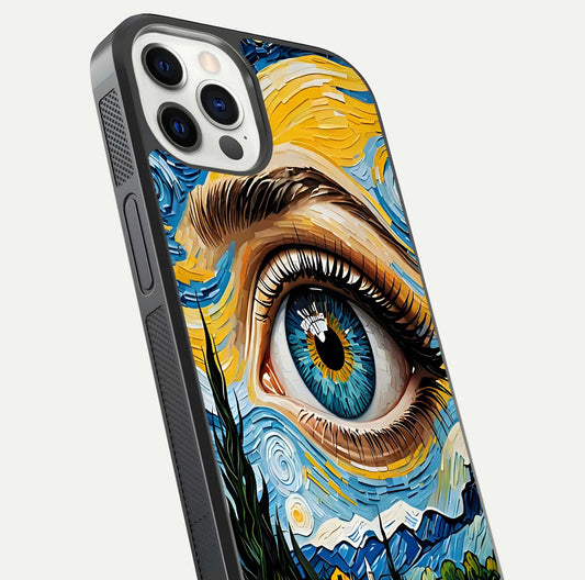 Van Gogh Eye Glass Case for iPhone 16 Pro close-up angled shot highlighting color blend and gloss reflection