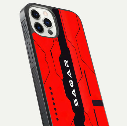 Voltage Rise CYBERPUNK Custom Name Glass Case for iPhone 12 Pro close-up angled shot highlighting neon glow and reflection