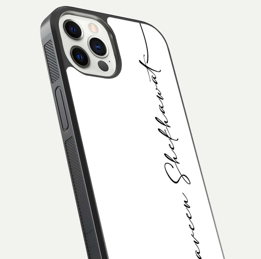 White Tune Custom Name Glass Case for iPhone 12 Mini close-up angled shot highlighting gloss reflection and texture