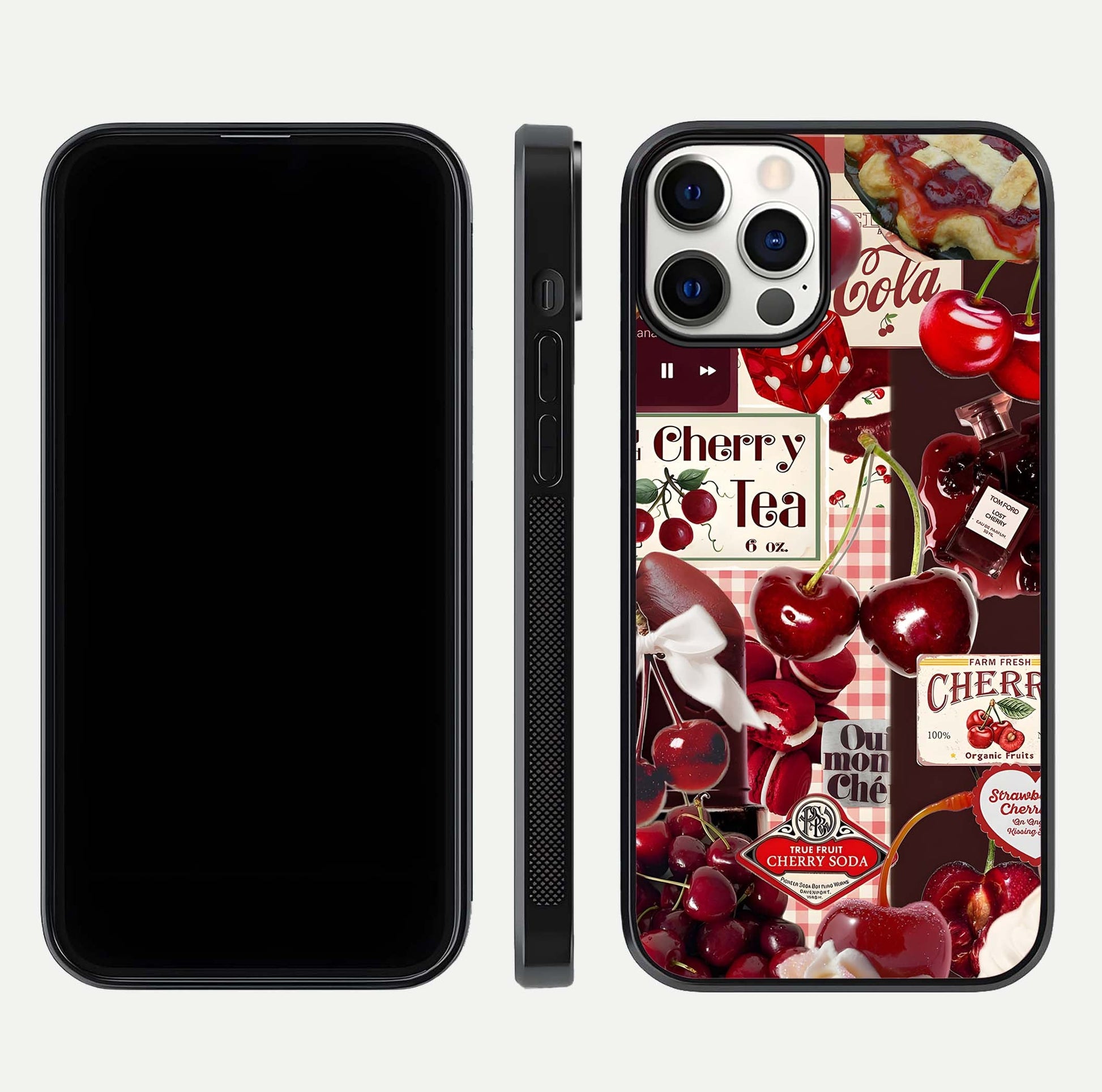 Aesthetic Cherry Tea Glass Case for iPhone 16 Pro front and back view layout showing black front display and artistic cherry-themed glass back
