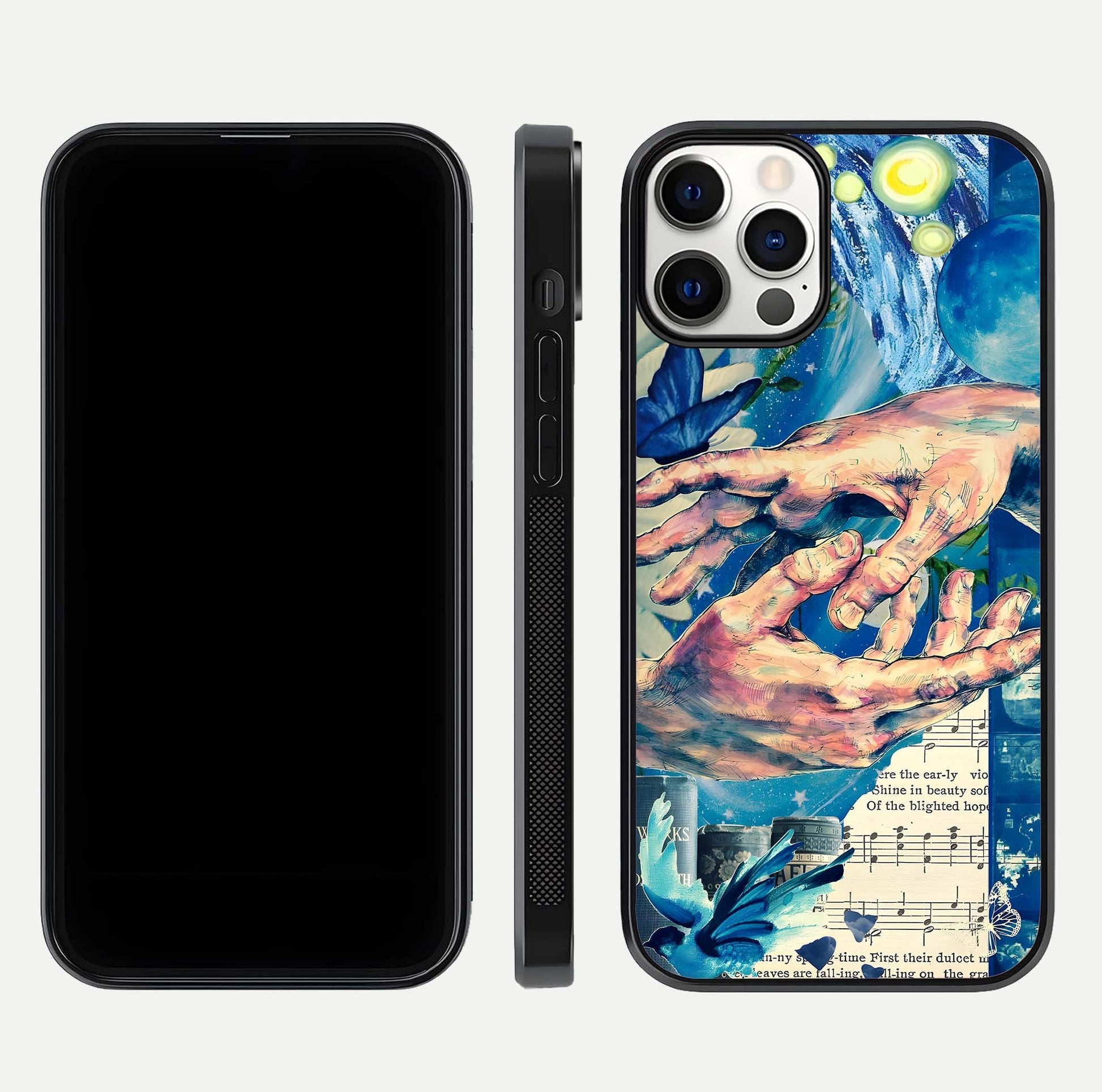 Aesthetic Divider Glass Case for iPhone 12 Mini front and back view layout showing black front display and minimal divider glass back