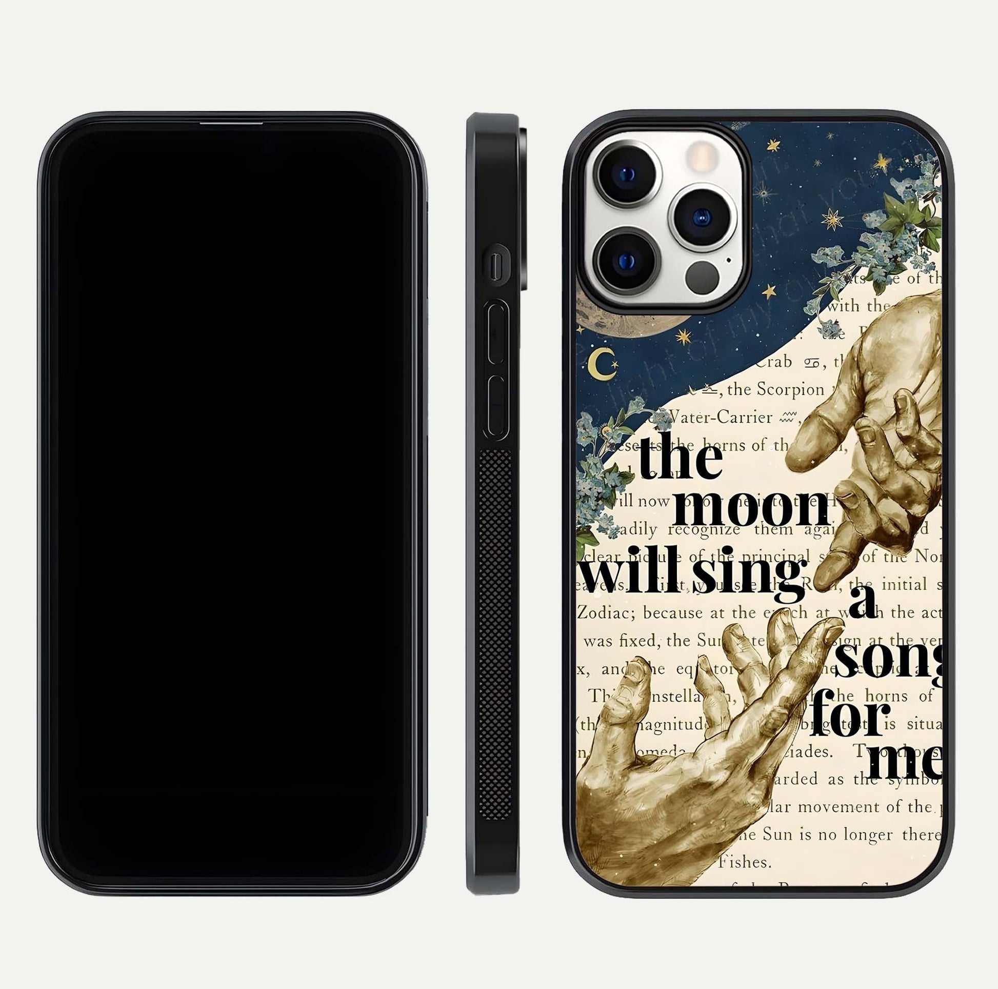 Aesthetic Divine Glass Case for iPhone 16 Pro front and back view layout showing black front display and divine art glass back