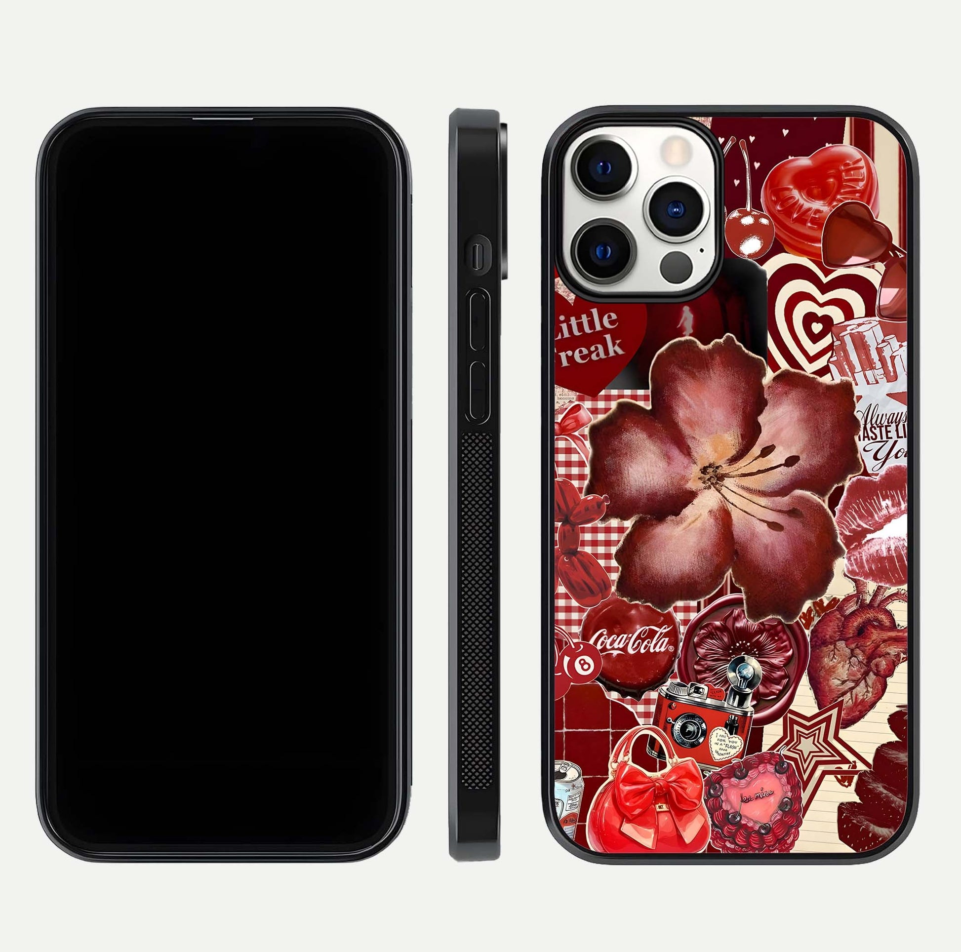 Aesthetic Little Freak Glass Case for iPhone 16 Pro front and back view layout showing black front display and trendy collage glass back
