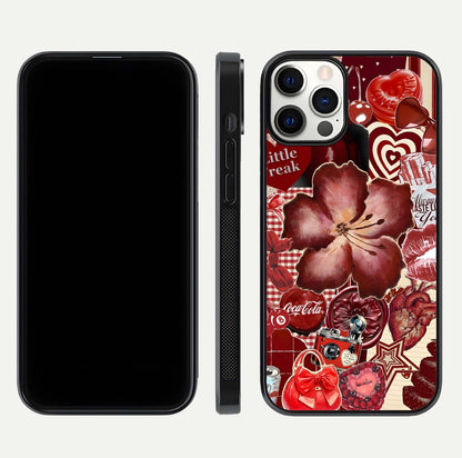 Aesthetic Little Freak Glass Case for iPhone 16 Pro front and back view layout showing black front display and trendy collage glass back