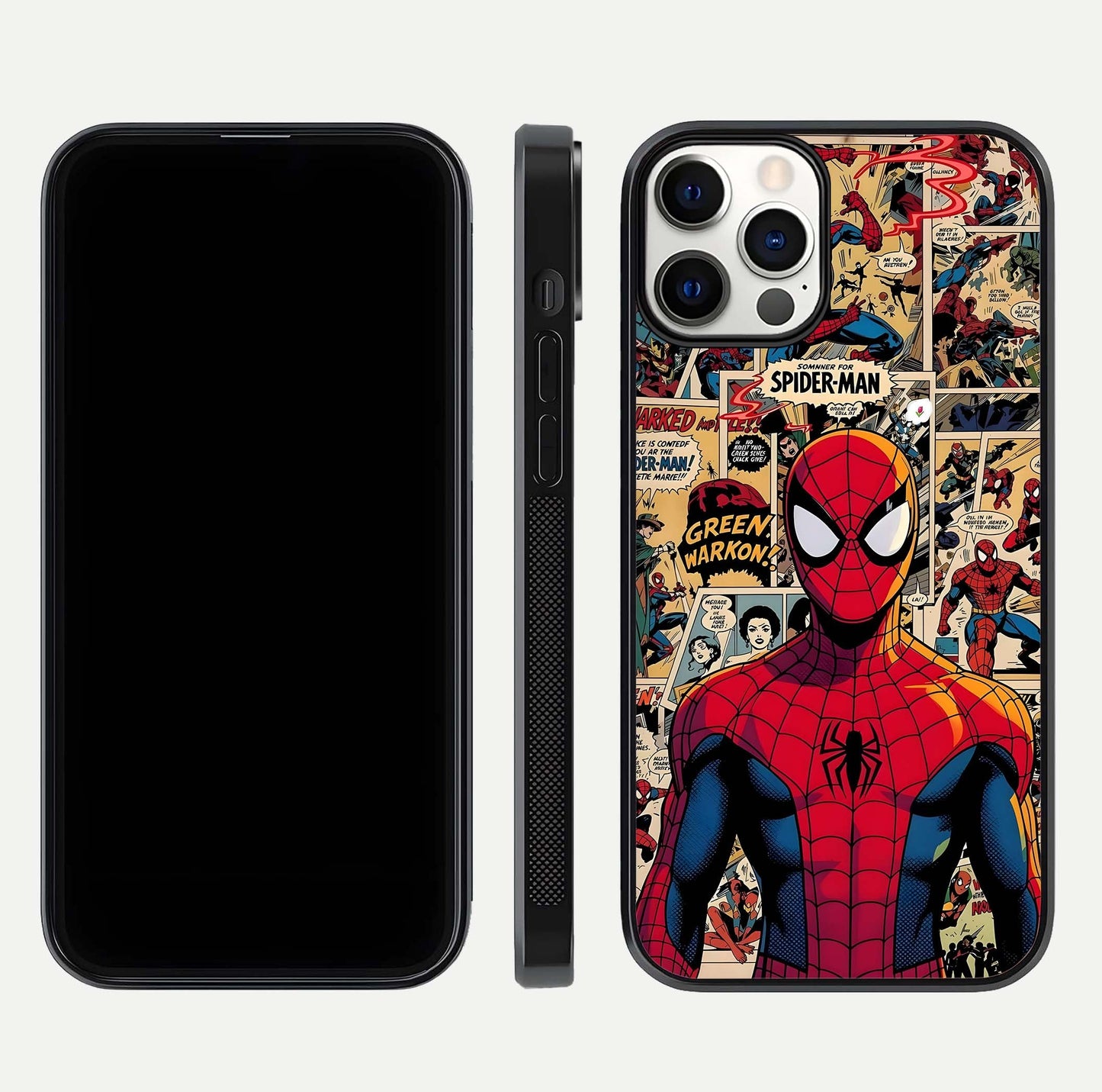 Aesthetic Spider Man Glass Case for iPhone 16 Pro front and back view layout showing black front display and Spider-Man art glass back