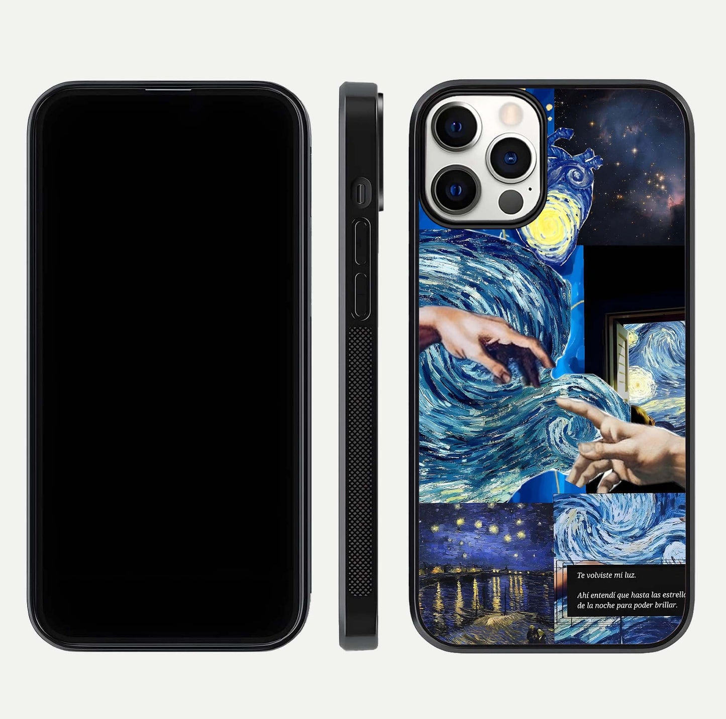 Aesthetic Vando Hands Glass Case for iPhone 16 Pro front and back layout highlighting camera cutout and premium glass shine