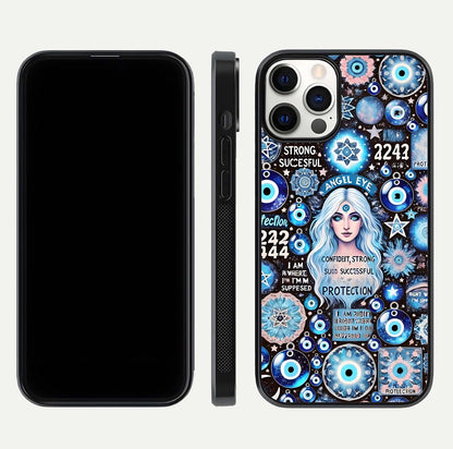 Angel Aura Shield Glass Case for iPhone 16 Pro front and back display highlighting glass clarity and spiritual design