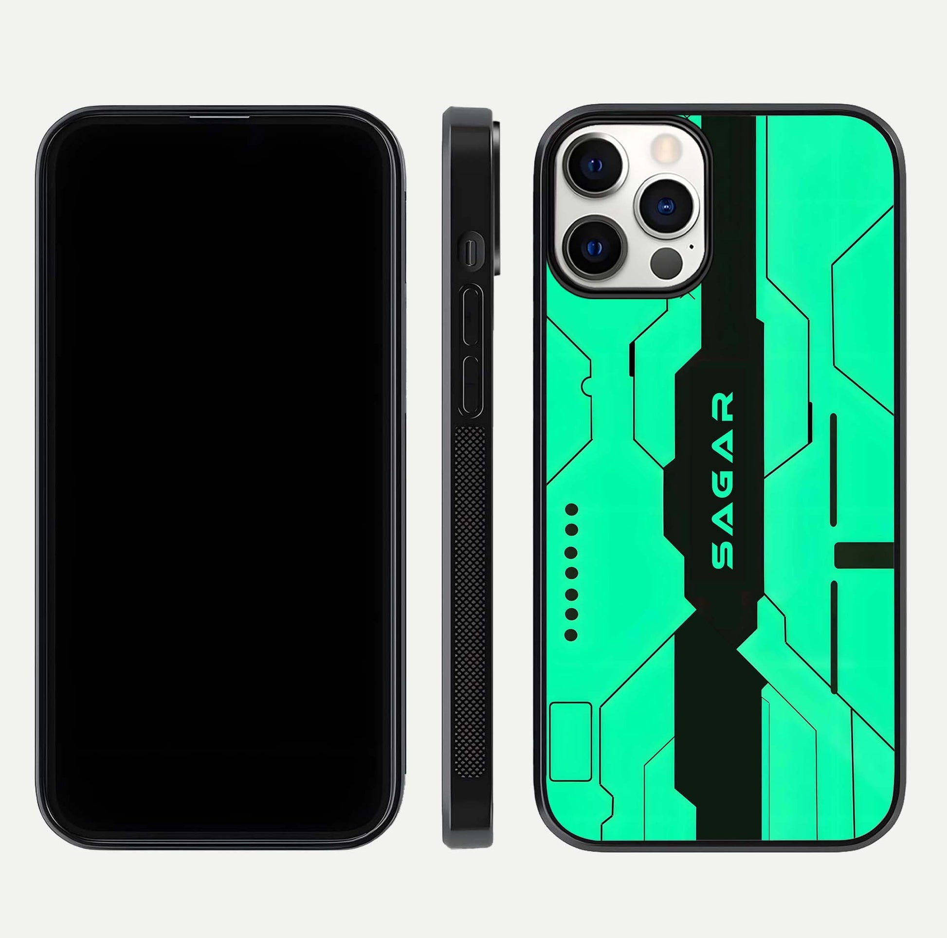 Aqua Tech CYBERPUNK Custom Name Glass Case for iPhone 16 Pro front and back display showing sleek tech pattern and shine