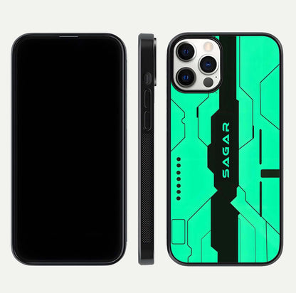 Aqua Tech CYBERPUNK Custom Name Glass Case for iPhone 16 Pro front and back display showing sleek tech pattern and shine