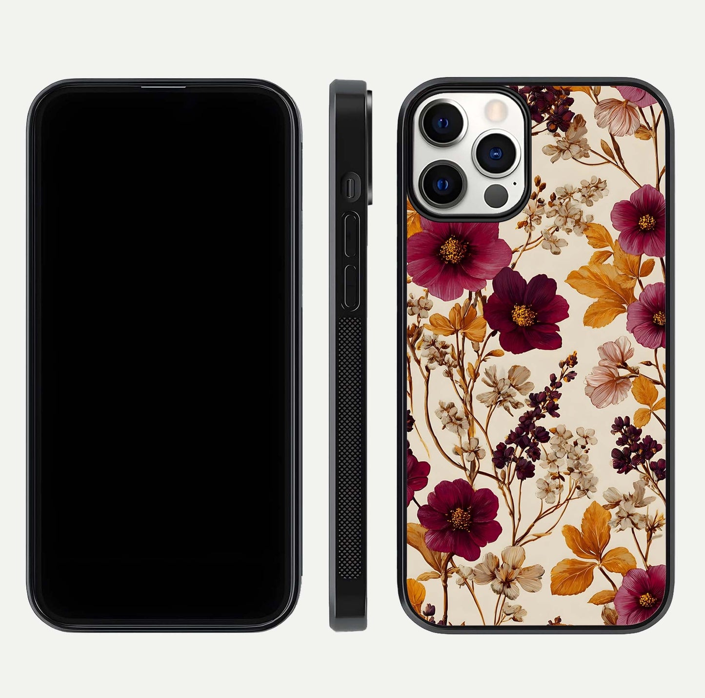 Autumn Wine Bloom Glass Case for iPhone 12 Pro front and back layout showing autumn print and HD glass clarity