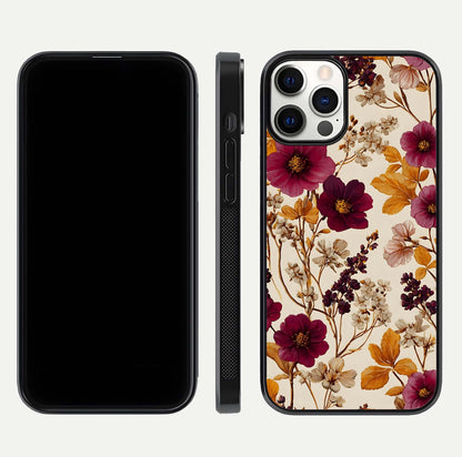 Autumn Wine Bloom Glass Case for iPhone 12 Pro front and back layout showing autumn print and HD glass clarity