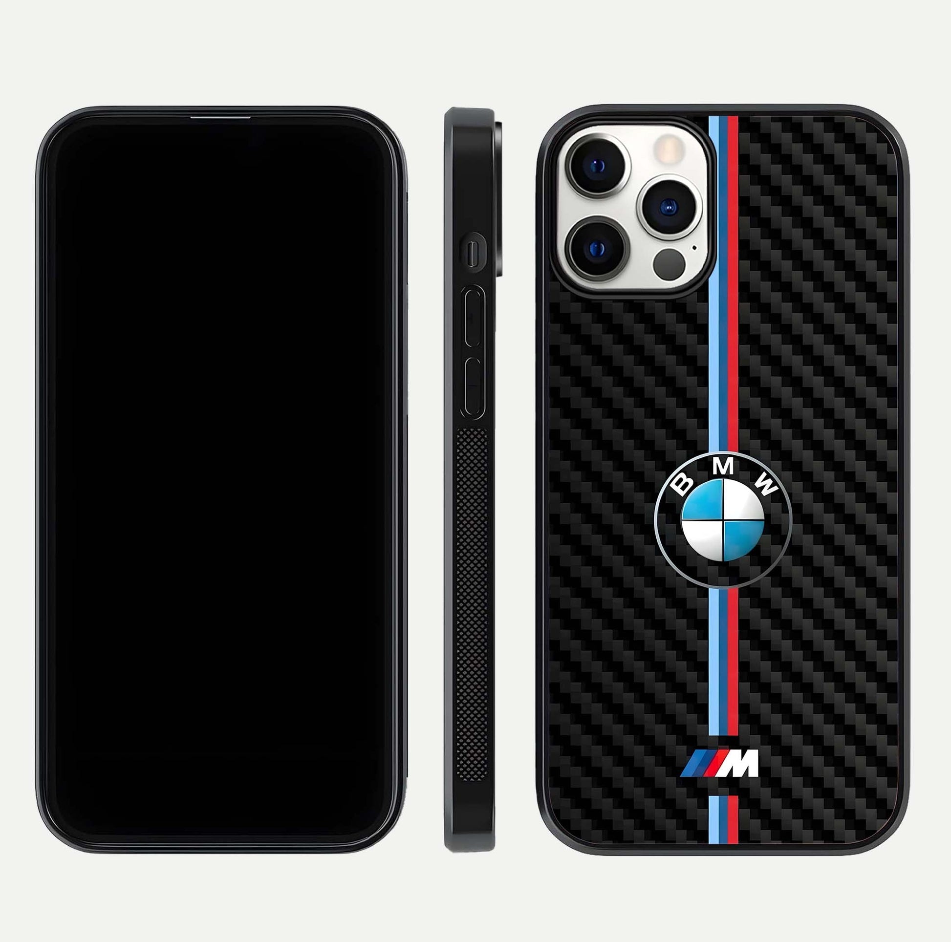 BMW Pattern Glass Case for iPhone 12 Pro front-and-back layout displaying car-themed art and premium glass gloss