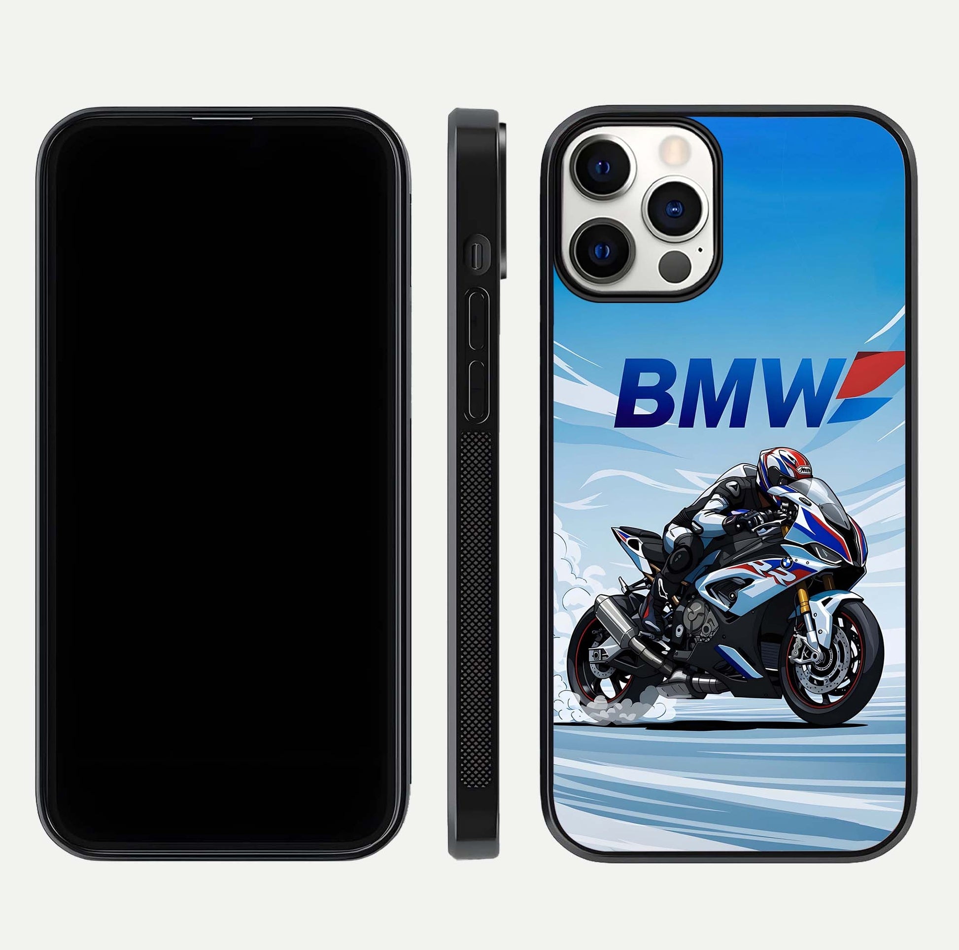 BMW Power Drift Glass Case for iPhone 12 Pro dual-view layout showing energy pattern and edge clarity