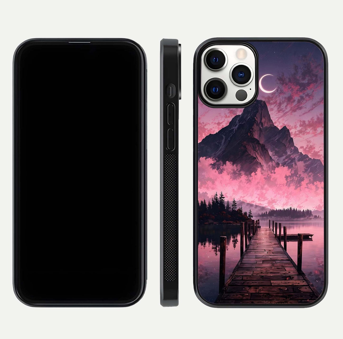Beautyful Mountain View Glass Case for iPhone 12 Pro front and back layout showcasing natural tones and clarity