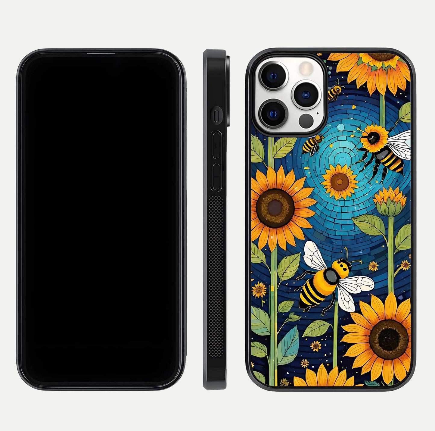 Bees & Sunflowers Glass Case for iPhone 12 Pro front-and-back layout highlighting nature-inspired artwork and protective edge