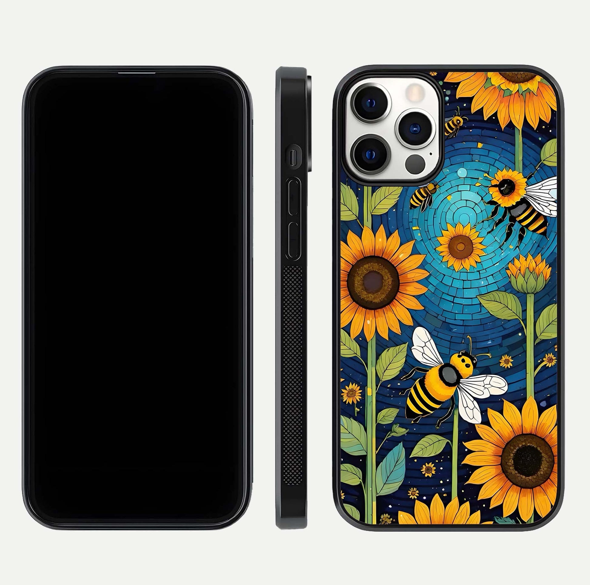 Bees & Sunflowers Glass Case for iPhone 12 Pro front-and-back layout highlighting nature-inspired artwork and protective edge