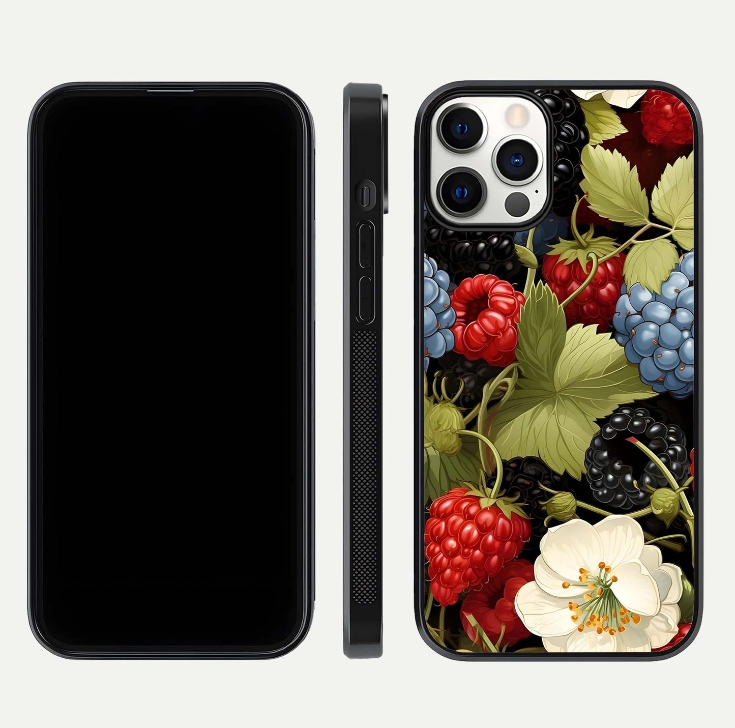 Berry Bloom Charm Glass Case for iPhone 12 Pro front-and-back layout showing floral pattern continuity and smooth glass shine