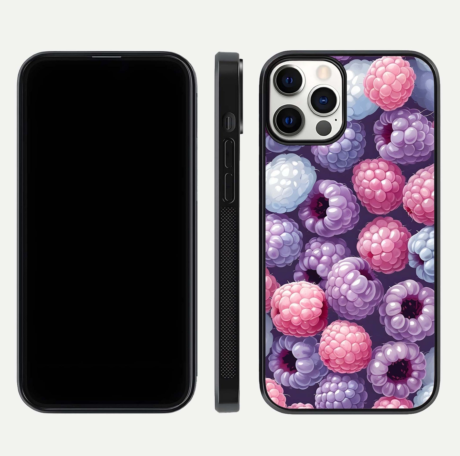 Berry Candy Pop Glass Case for iPhone 12 Pro front-and-back layout showing colorful pattern and sleek protective frame