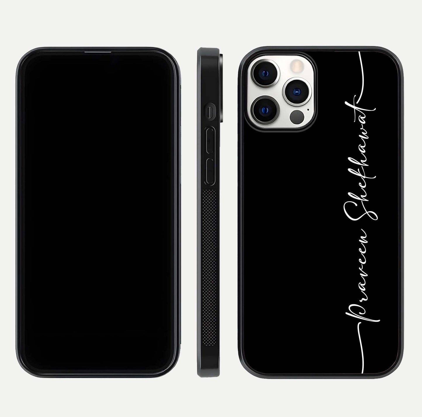Black Tune Custom Name Glass Case for iPhone 12 Mini front-and-back layout showing personalized name zone and edges