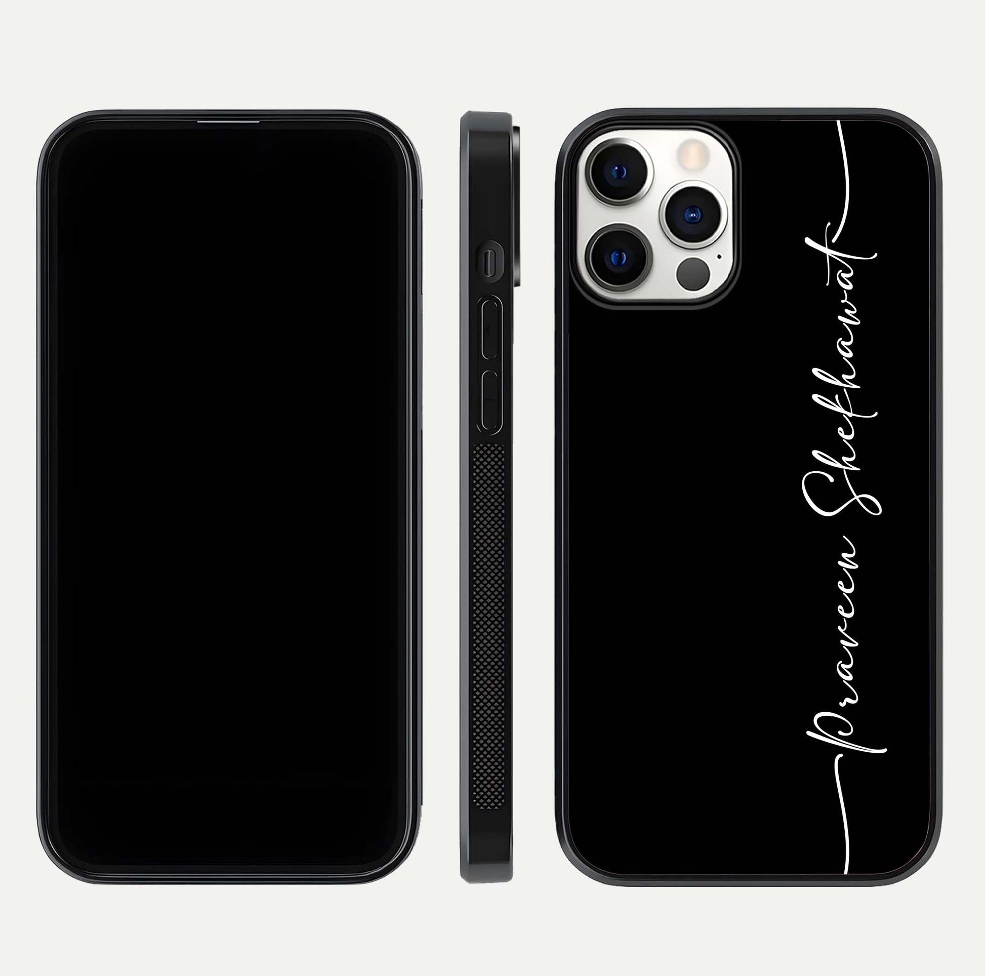 Black Tune Custom Name Glass Case for iPhone 12 Mini front-and-back layout showing personalized name zone and edges