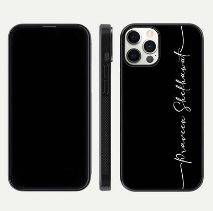 Black Tune Custom Name Glass Case for iPhone 12 Mini front-and-back layout showing personalized name zone and edges