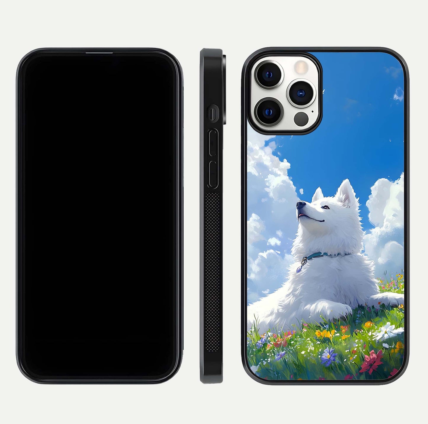 Blissful Cloud Pup Glass Case for iPhone 16 Pro front-and-back layout showing art alignment and edge design