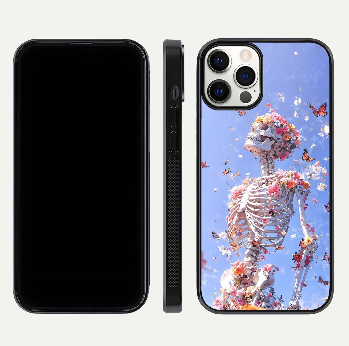 Bloom Beyond Bones Glass Case for iPhone 12 Pro dual-view layout showing creative aesthetic and edge design