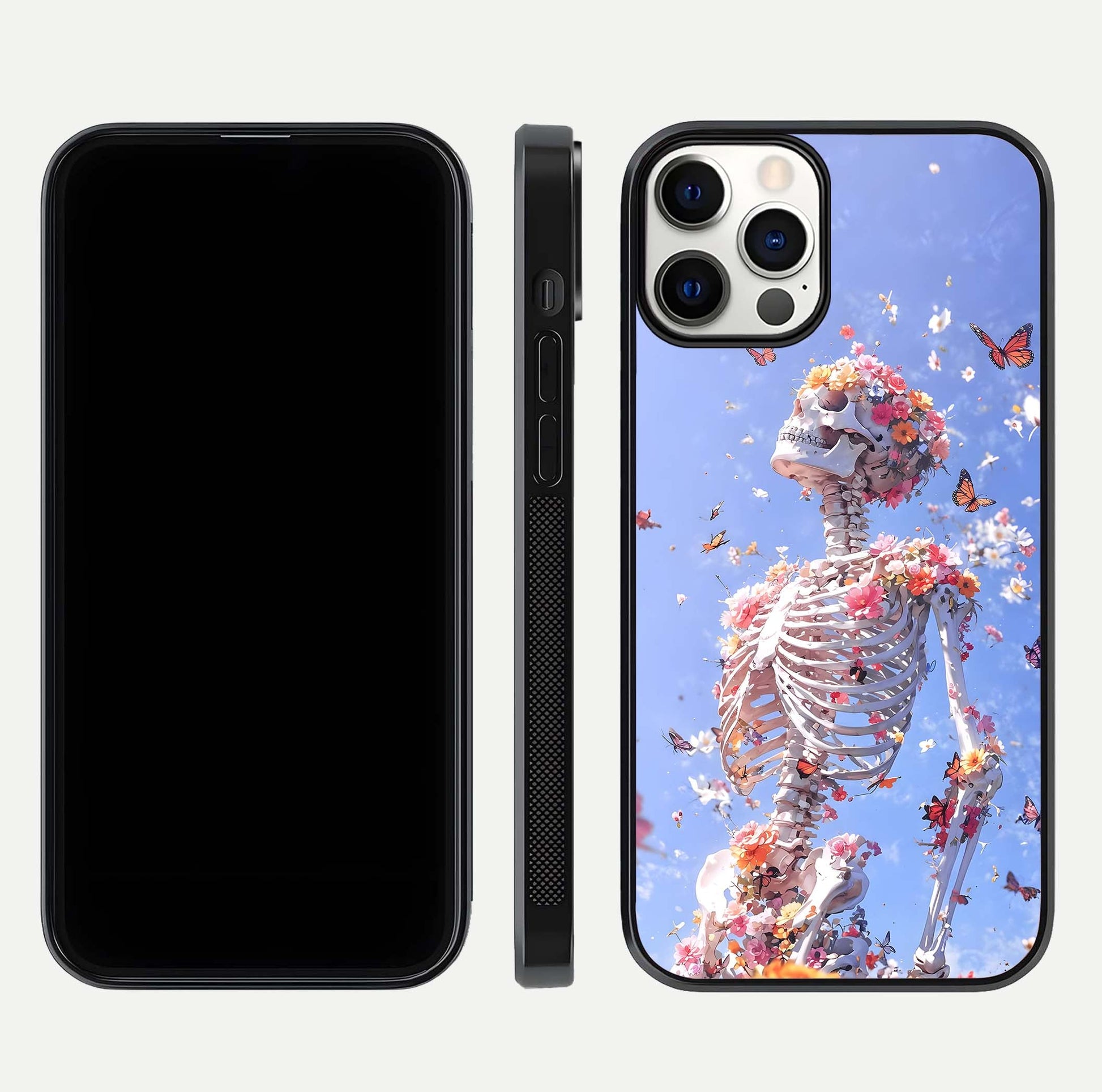 Bloom Beyond Bones Glass Case for iPhone 12 Pro dual-view layout showing creative aesthetic and edge design