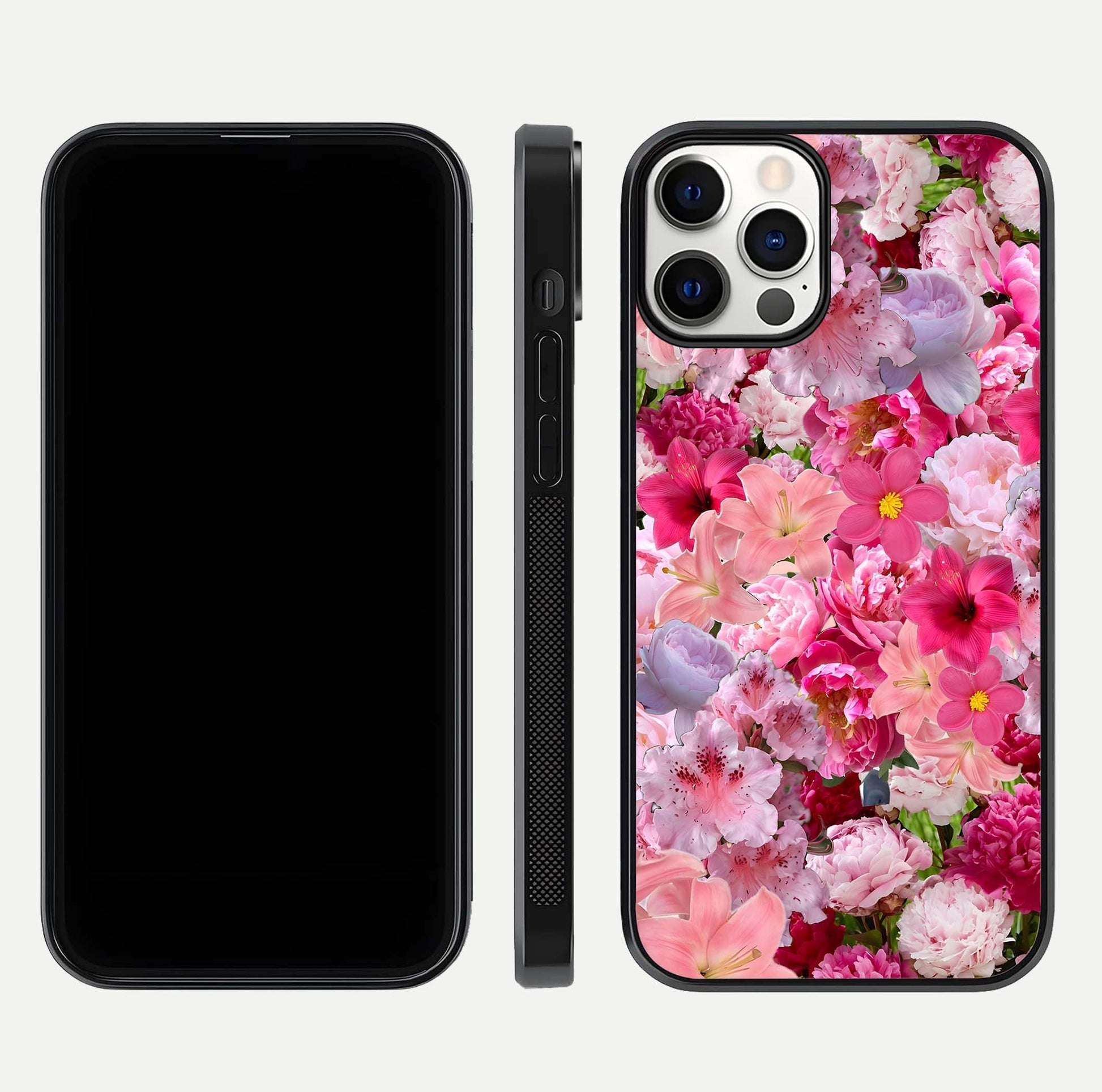 Bloom Crush Fantasy Glass Case for iPhone 12 Pro dual-view layout highlighting edges and premium shine