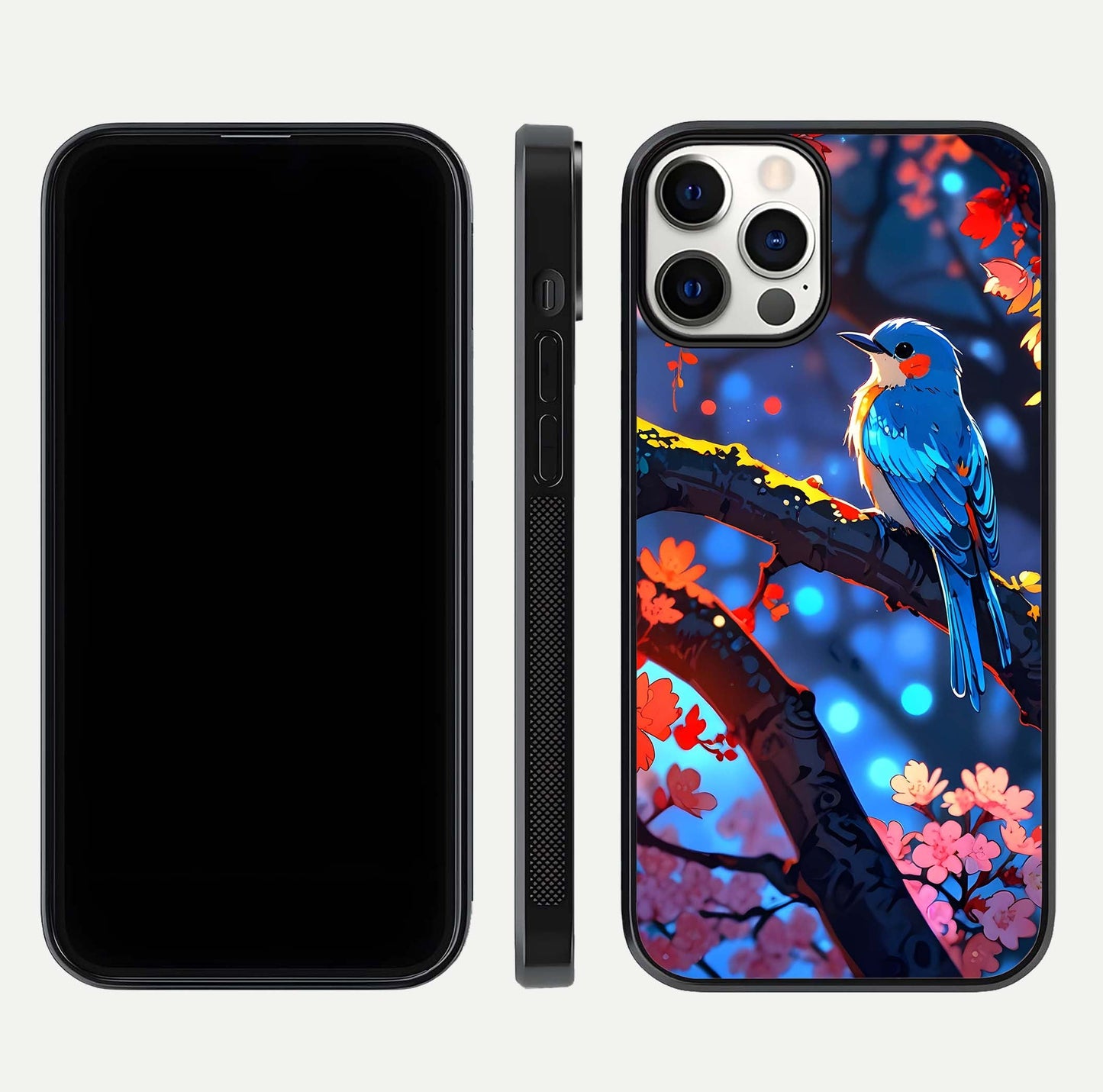 Blooming Spendor Bird Glass Case for iPhone 12 Pro front-and-back view showing nature print and protective edge