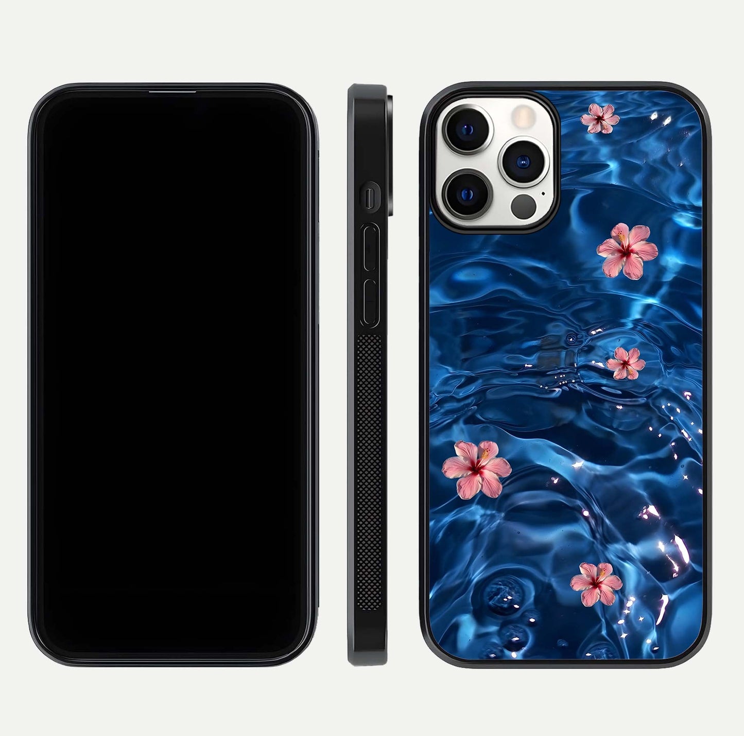 Blooming Water Drift Glass Case for iPhone 12 Pro front-and-back layout highlighting edge design and serene water bloom art
