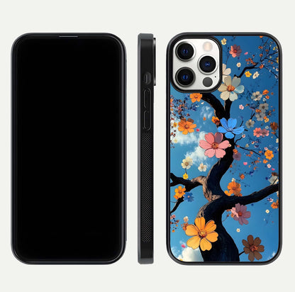 Blossom Dream Sky Glass Case for iPhone 12 Pro front-and-back layout showing floral print and premium edge gloss