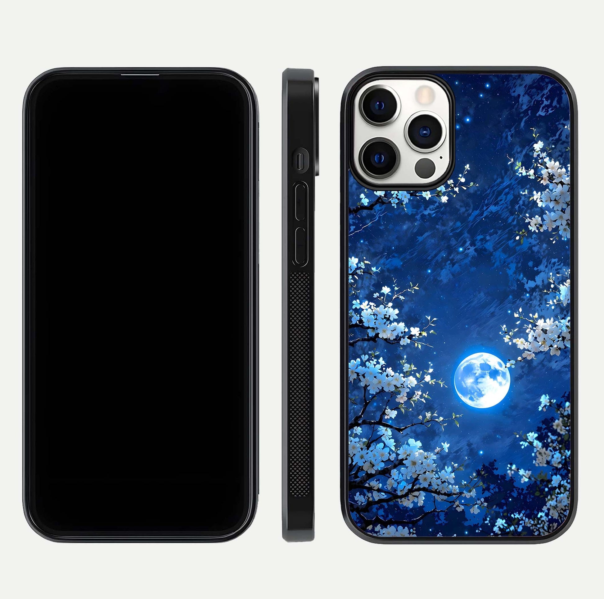Blossom Moonlight Sky Glass Case for iPhone 12 Pro dual-view layout highlighting sky gradient and floral composition
