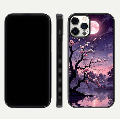 Blossom Pink Moon Glass Case for iPhone 12 Pro front-and-back layout showing minimal edges and artistic flower print