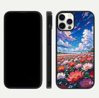 Blossom Sky Field Glass Case for iPhone 12 Pro front-and-back layout highlighting design edges and gloss clarity