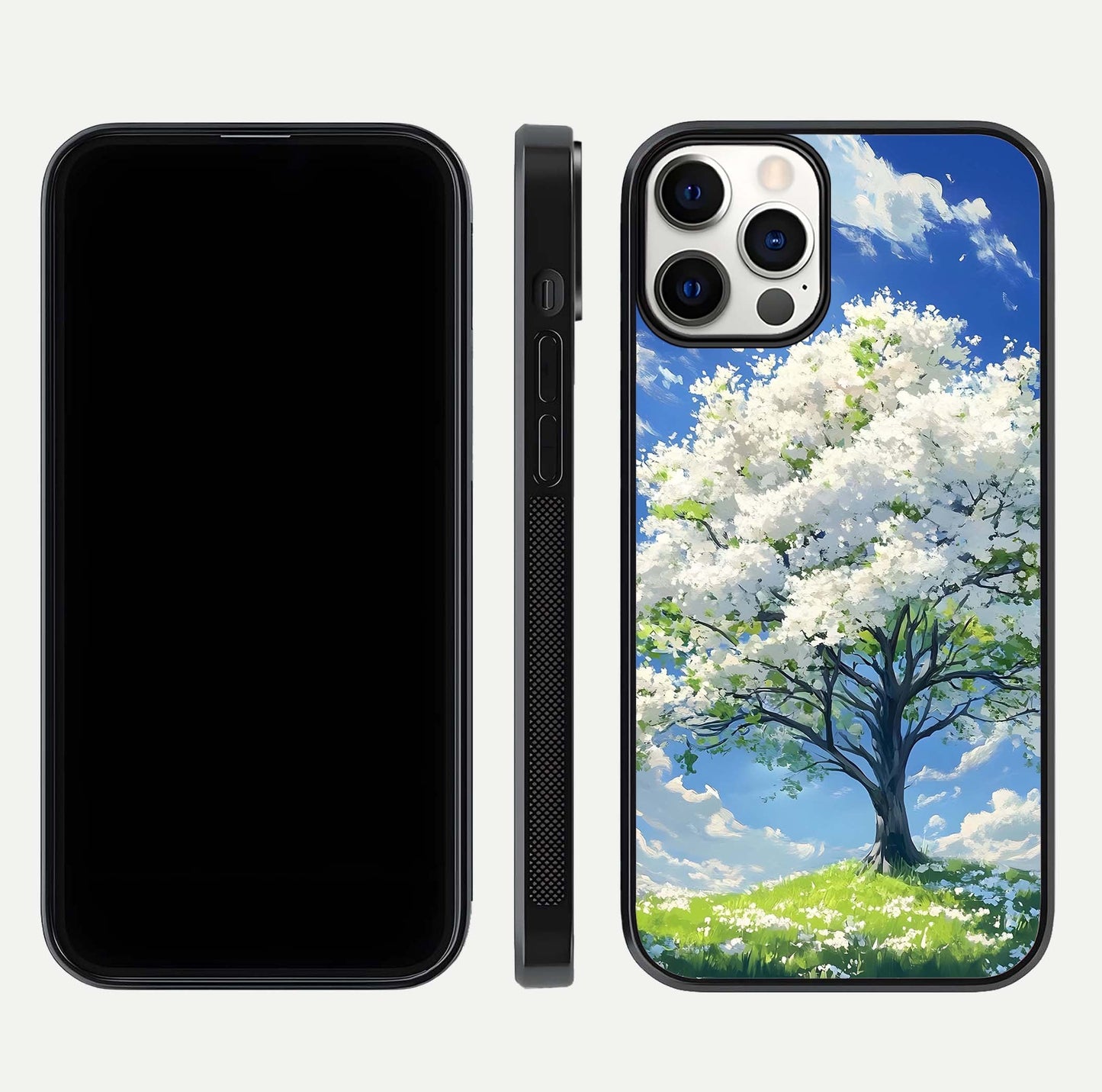 Blossom Sky Serenity Glass Case for iPhone 12 Pro dual-view layout showing pastel hues and soft protective edges