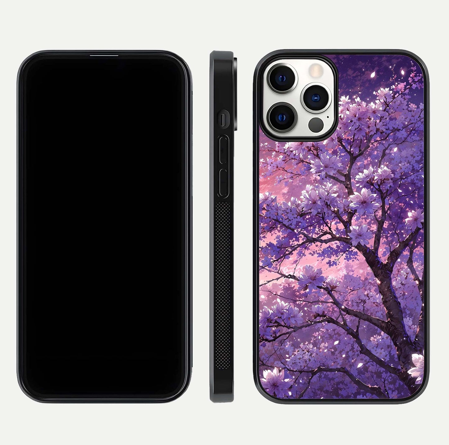 Blossom Tree Glass Case for iPhone 12 Pro front-and-back layout showing art alignment and gloss reflection