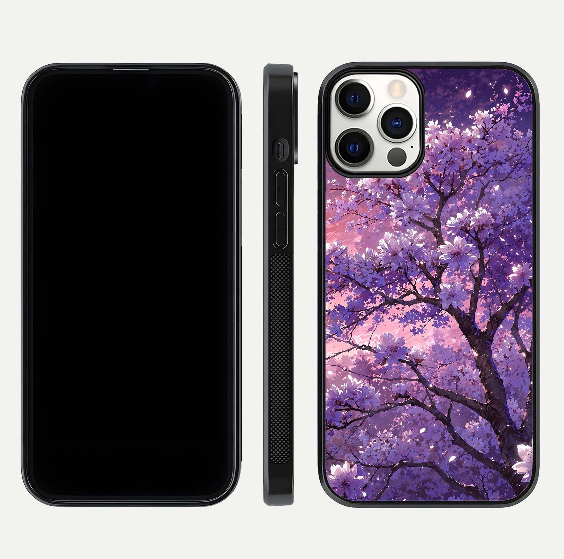 Blossom Tree Glass Case for iPhone 12 Pro front-and-back layout showing art alignment and gloss reflection