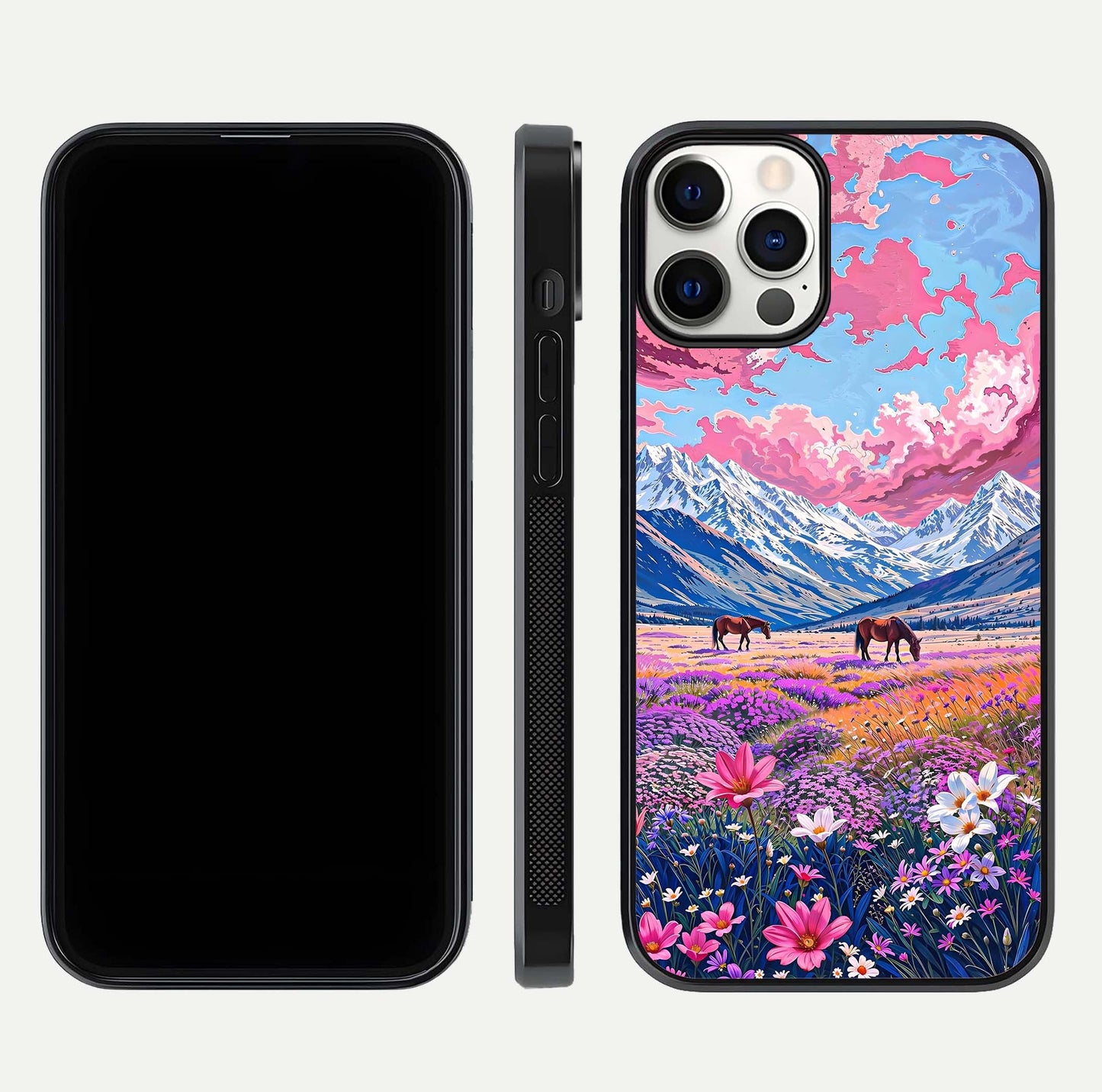 Blossom Valley Dream Glass Case for iPhone 12 Pro front-and-back layout highlighting glossy reflection and edge cut