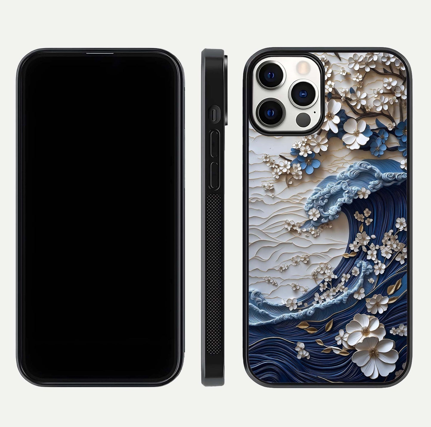 Blossom Wave Art Glass Case for iPhone 12 Pro front-and-back layout showing curved design and glass clarity