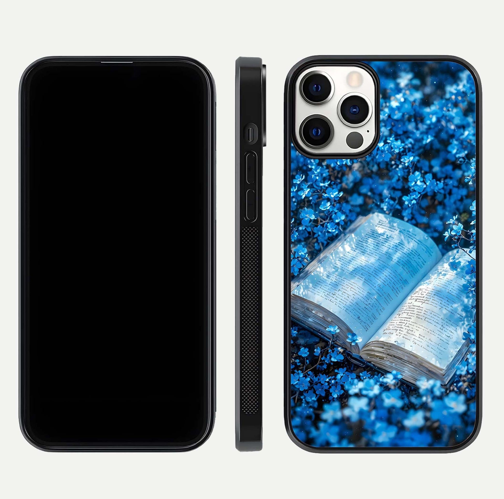Blue Bloom Tales Glass Case for iPhone 12 Pro dual-view layout highlighting shine, floral print, and smooth edges