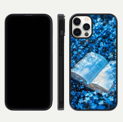 Blue Bloom Tales Glass Case for iPhone 12 Pro dual-view layout highlighting shine, floral print, and smooth edges