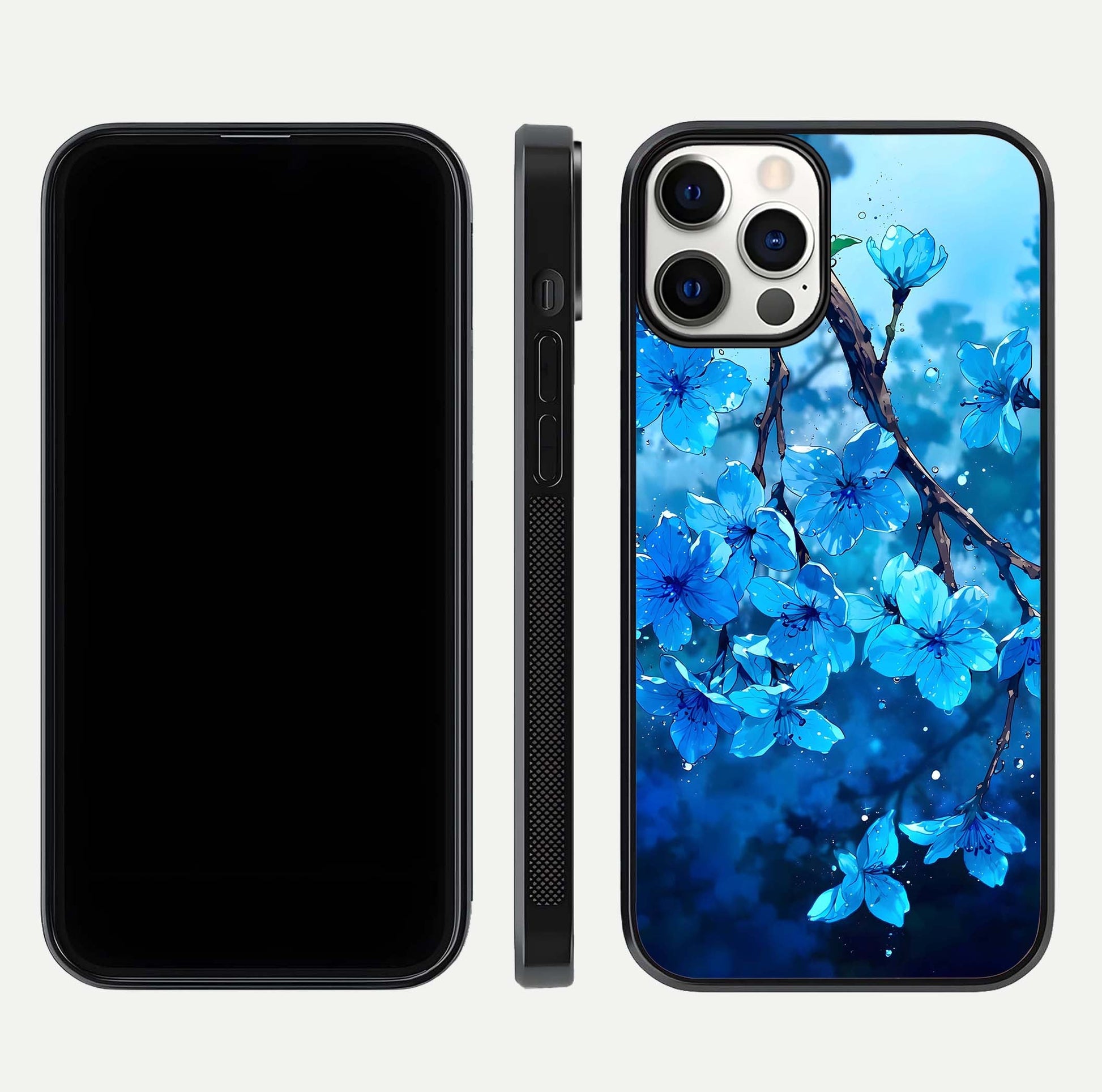 Blue Blossoms Branch Glass Case for iPhone 12 Pro dual-view layout displaying floral art and sleek protective frame