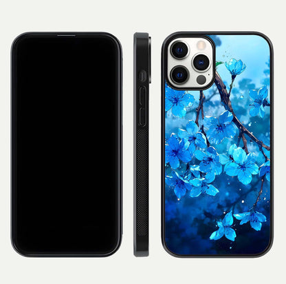 Blue Blossoms Branch Glass Case for iPhone 12 Pro dual-view layout displaying floral art and sleek protective frame