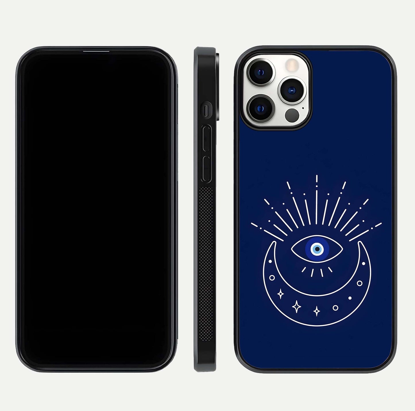 Blue Evil Eye Glass Case for iPhone 12 Pro front-and-back layout showing blue aura design and curved-edge clarity