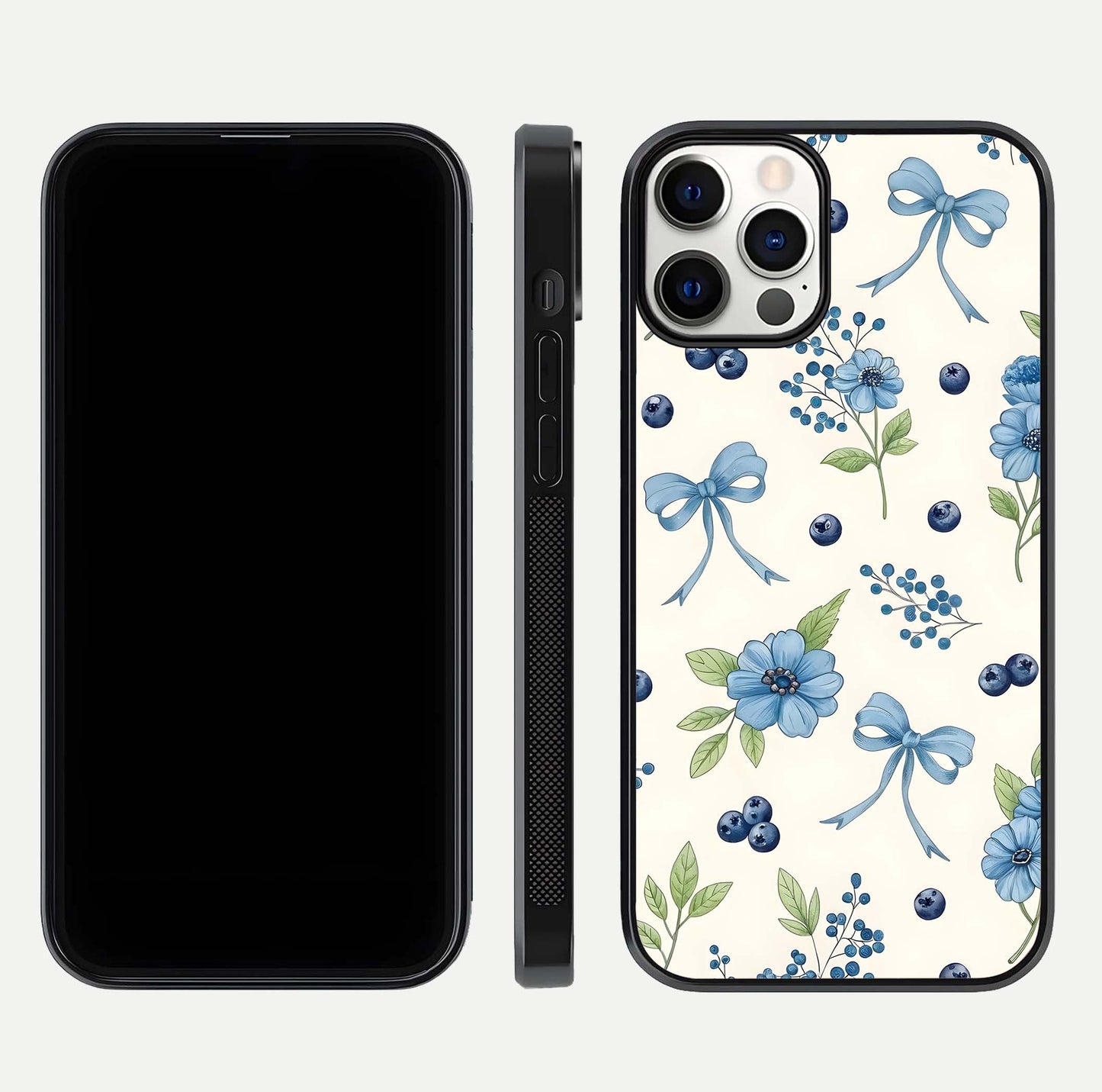 Blue Flower & Bow Glass Case for iPhone 12 Pro dual-view layout showing balanced pattern and smooth edges