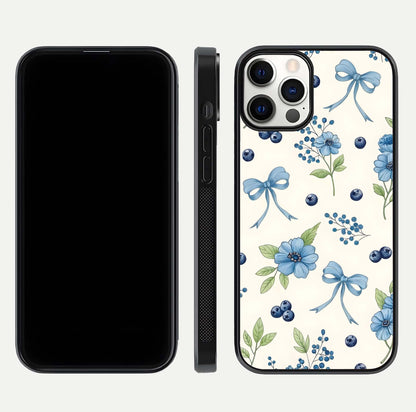 Blue Flower & Bow Glass Case for iPhone 12 Pro dual-view layout showing balanced pattern and smooth edges