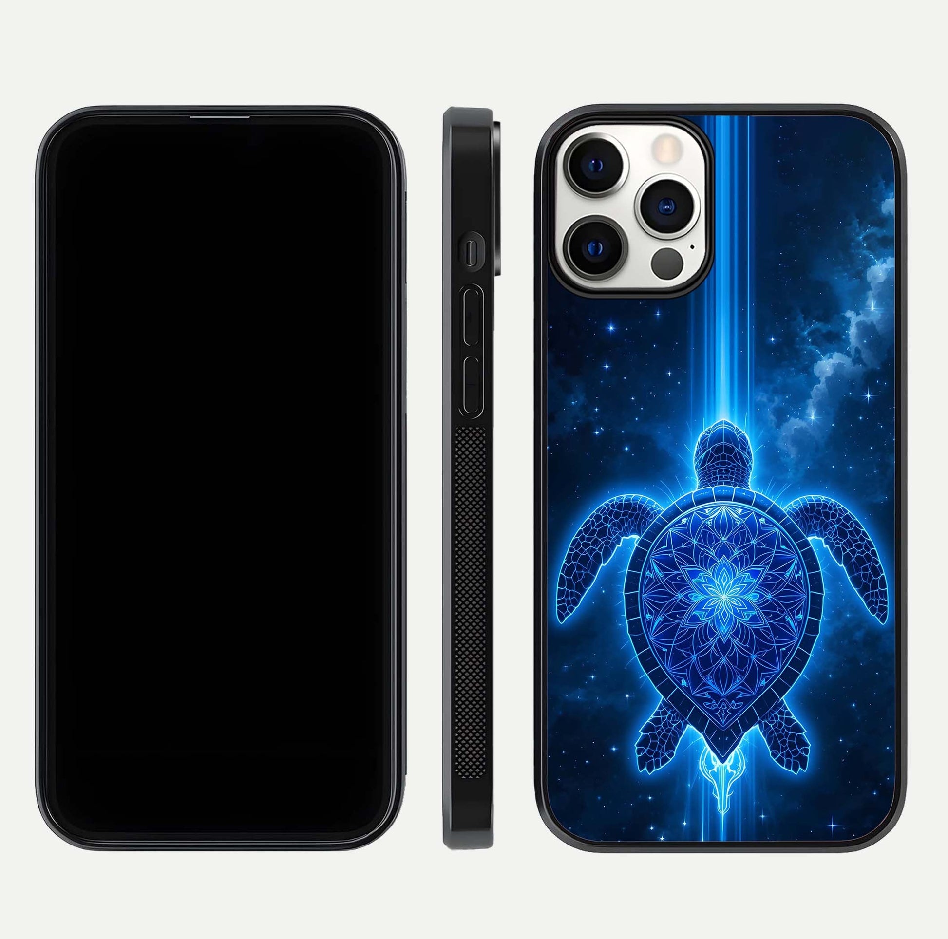 Blue Galaxy Turtle Glass Case for iPhone 12 Pro front-and-back layout highlighting cosmic art and reflective glass